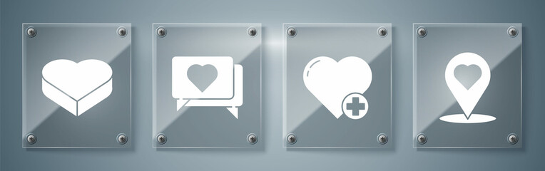 Set Map pointer with heart, Heart, Like and heart and Candy in heart shaped box. Square glass panels. Vector