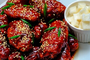 Crispy and crunchy Korean fried chicken wings (Dakgangjeong) in white plate on wooden table.