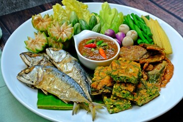 Fried mackerel with shrimp paste sauce and vegetable set. Authentic Thai food.
