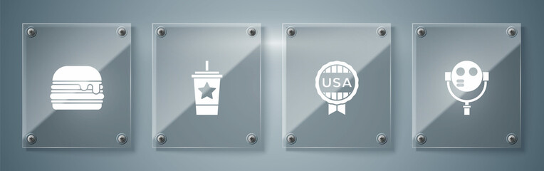 Set Tourist binoculars, Medal with star, Paper glass straw and Burger. Square glass panels. Vector