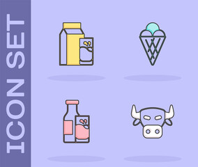 Set Cow head, Paper package for kefir, Bottle milk and glass and Ice cream in waffle cone icon. Vector