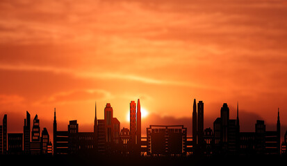 City Building silhouettes at Sunset Background. Cityscape with orange Sky. Great city Concept  