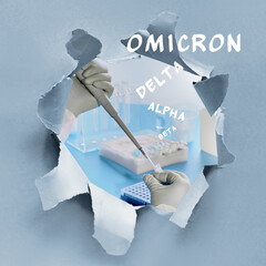 Omicron, new Coronavirus variant of concern. Paper hole with image of scientist making sequencing...