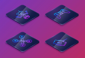 Set Isometric line Robot, Drone flying, Gamepad and Wireless charger. Blue square button. Vector
