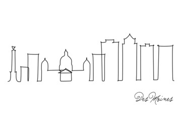 Single continuous line drawing of Des Moines city skyline, Iowa. Famous city scraper landscape. World travel home wall decor art poster print concept. Modern one line draw design vector illustration