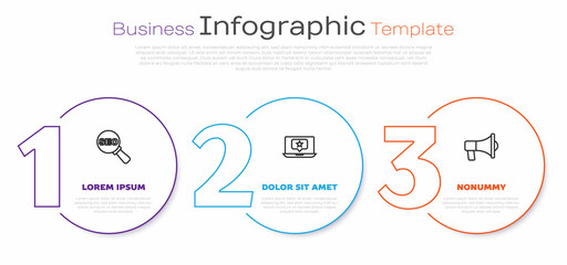 Set line SEO optimization, Laptop with star and Megaphone. Business infographic template. Vector