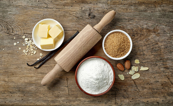baking ingredients on wooden table