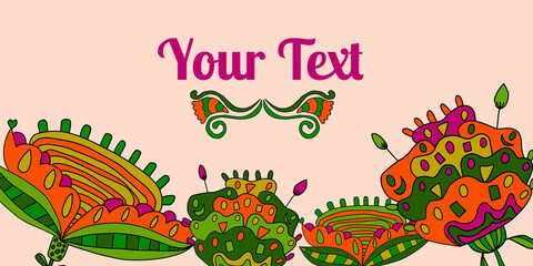 Cartoon hand drawn doodle card with fantasy flowers and divider