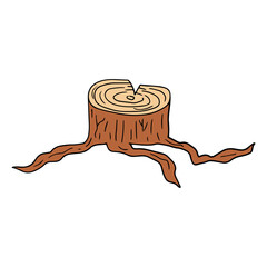 Cartoon hand drawn doodle stump with roots