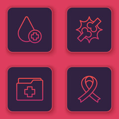 Set line Donate drop blood, Patient record, Joint pain, knee pain and Awareness ribbon. Blue square button. Vector