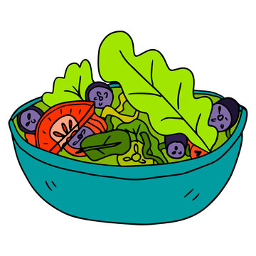 Cartoon Hand Drawn Doodle Bowl Of Salad. 