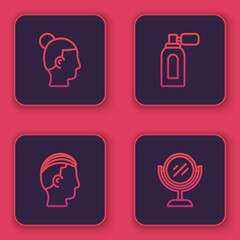 Set line Hairstyle for men, Aftershave with atomizer and Hand mirror. Blue square button. Vector