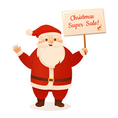 Santa Claus holding sign board, cartoon Christmas greeting card. Funny xmas character and banner advertisement informs about sale. New Year congratulation or postcard, presentation