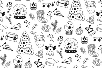Christmas doodle seamless pattern. New year wrapper santa claus, garland, bell, candle, tree gift box and pretzel, lollipop. Xmas contour boundless, holiday celebrate. Scrapbook noel endless design
