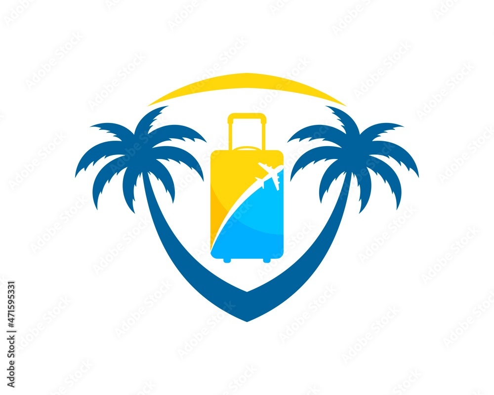 Poster abstract shield with palm tree and travel bag inside