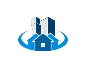 Three simple house and swoosh with building on the top