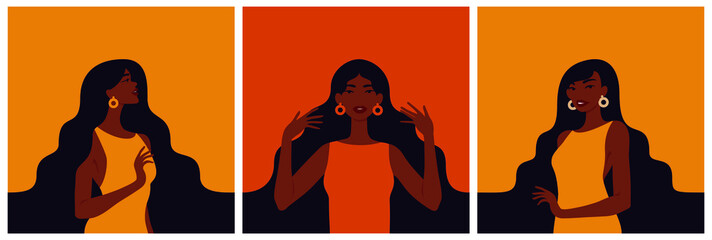 Beautiful african american women with different hair color. Portraits of young black women.  Curly hairstyle. 