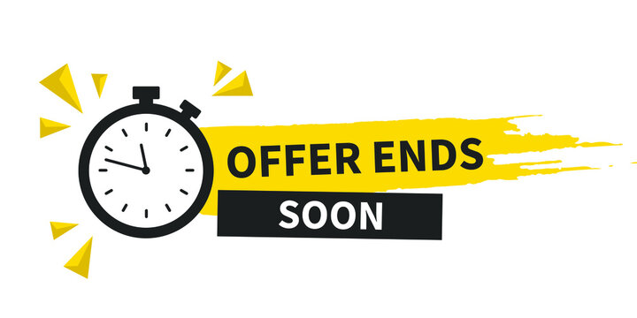 Offer ends soon. Paint brush stroke with clock. Special offer price sign. Advertising discounts symbol. Paint brush ink splash banner. Offer ends soon badge shape. Vector