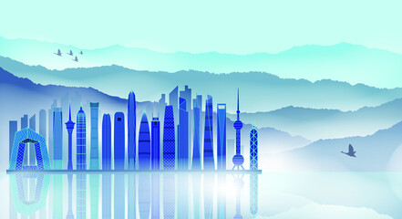 Vector stick figure of famous landmarks in Chinese landscape style