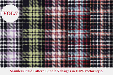 Seamless Plaid Pattern Bundle 5 designs Vol.7 Buffalo Plaid Pattern Vector,Tartan Fabric background wallpaper,Monochrome tartan patterns collection Vector,Seamless tartan plaid pattern