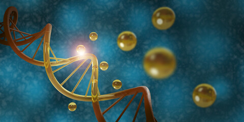 Golden drops of oil on a DNA strand. Cosmetic treatment concept. 3d illustration.