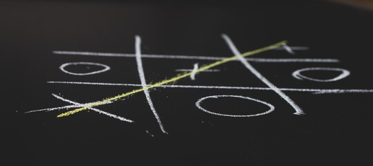 close up- Tic-Tac-Toe game (win)
on blackboard background