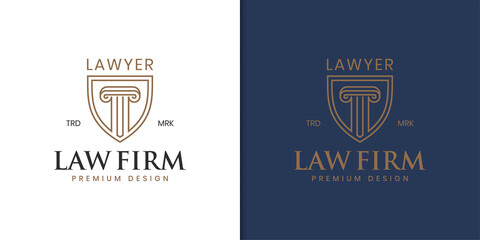 lawyer attorney advocate logo with shield symbol linear style for law firm company identity logo