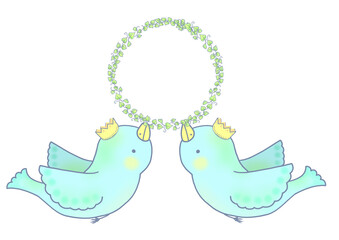 冠を被った鳥達が、アイビーのメッセージカードを咥えているカラーイラスト