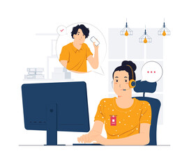 Female customer support phone operator with headset working in call center concept illustrations