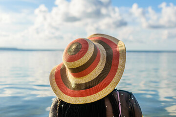 Woman of African descent wearing colorful hat at the beach looking towards the horizon