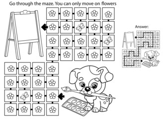 Maze or Labyrinth Game. Puzzle. Coloring Page Outline Of cartoon little dog with with brush and paints. Little artist with easel. Coloring book for kids.