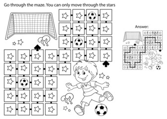 Maze or Labyrinth Game. Puzzle. Coloring Page Outline Of cartoon boy with soccer ball. Football. Sport activity. Coloring book for kids.