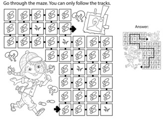 Maze or Labyrinth Game. Puzzle. Coloring Page Outline Of cartoon girl detective with loupe. Young Sherlock Holmes. Coloring book for kids.