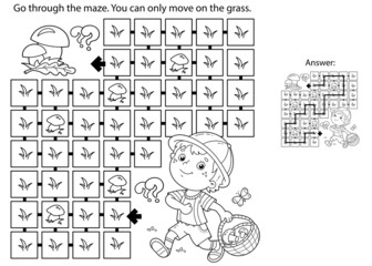 Maze or Labyrinth Game. Puzzle. Coloring Page Outline Of cartoon fun boy with basket. Little mushroom picker. Coloring book for kids.
