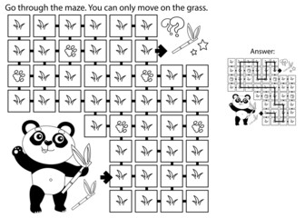 Maze or Labyrinth Game. Puzzle. Coloring Page Outline Of cartoon little panda with bamboo twigs. Coloring book for kids.