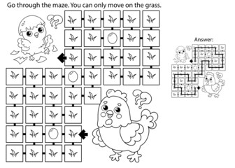 Maze or Labyrinth Game. Puzzle. Coloring Page Outline Of cartoon chicken with little chicks. Coloring book for kids.