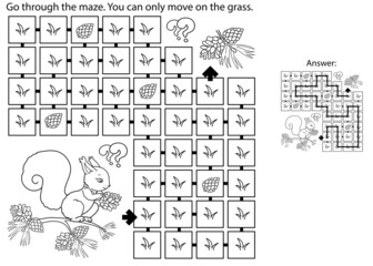 Maze or Labyrinth Game. Puzzle. Coloring Page Outline Of cartoon squirrel with fir cones. Coloring book for kids.