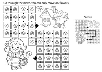 Maze or Labyrinth Game. Puzzle. Coloring Page Outline Of cartoon cute girl with basket walking home along the path. Little red riding hood. Fairy tale. Coloring book for kids.