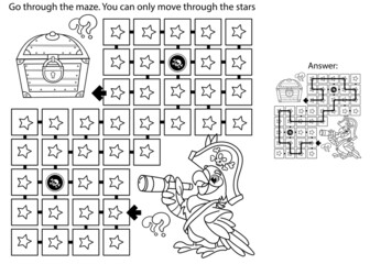 Maze or Labyrinth Game. Puzzle. Coloring Page Outline Of cartoon parrot pirate with telescope. Coloring book for kids.