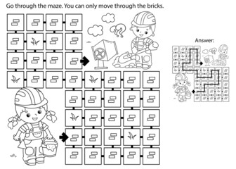 Maze or Labyrinth Game. Puzzle. Coloring Page Outline Of cartoon builders with cement mortar and trowel. Construction. Profession. Coloring book for kids.