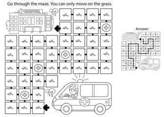 Maze or Labyrinth Game. Puzzle. Coloring Page Outline Of cartoon doctor with ambulance car near the hospital. Coloring book for kids.