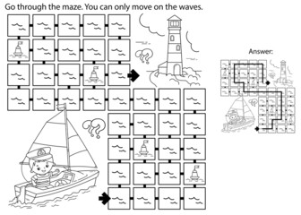 Maze or Labyrinth Game. Puzzle. Coloring Page Outline Of cartoon sail ship with sailor. Profession. Coloring book for kids. Coloring book for kids.