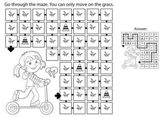 Maze or Labyrinth Game. Puzzle. Coloring Page Outline Of cartoon girl with scooter. Sport activity. Coloring book for kids.