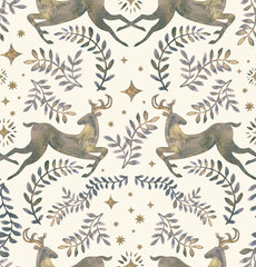 Cotton fabric Christmas seamless pattern with deer. Winter background with scandinavian ornament