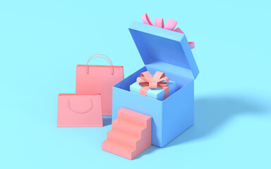 Shopping bags and gifts with blue background, 3d rendering.