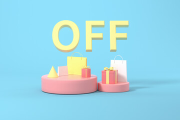 Presents and shopping bags with blue background, 3d rendering.