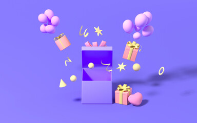 Open gifts and balloons with purple background, 3d rendering.
