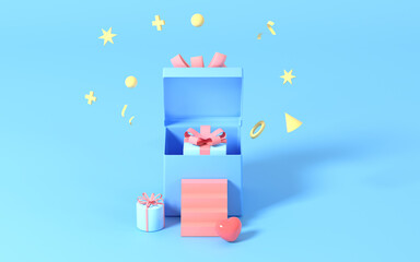 Open presents and stairs with blue background, 3d rendering.
