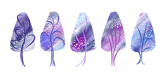 Set Winter snowy trees trunk line art style with watercolor blue, violet and purple top on white background