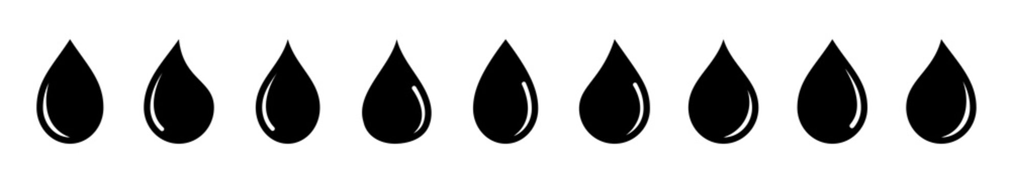 Collection of water droplets with different shapes. Water drop icon different shape. Water rain drops. Water drops collection set. Vector illustration